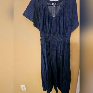 Free Assembly Denim Tiered Midi Dress with Flutter Sleeves - Size S